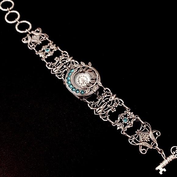 Silver Filagree Wrist Watch Bracelet w/Aquamarine Swarovski Crystals - Picture 1 of 7